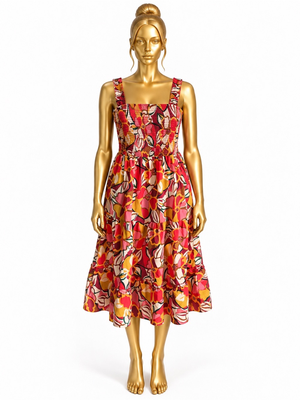 Mlle Gabrielle Large Retro Floral Smocked Tiered Midi Dress Square Neck